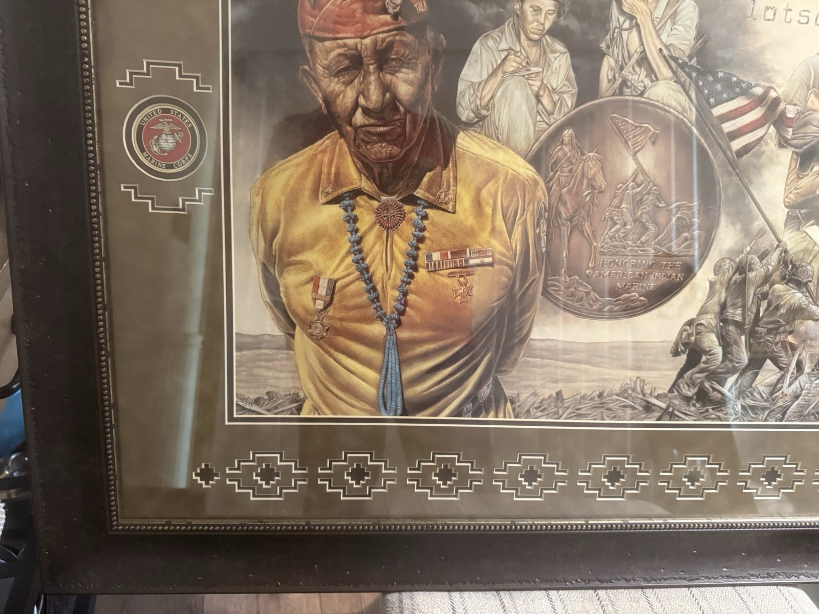 Honoring The American Indian Framed Art Marine Corps David Behrens 32”x38” Glass