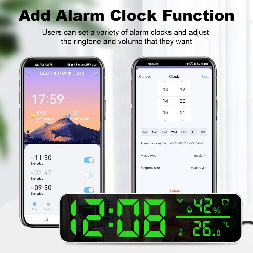 Tuya Wifi Temperature and Humidity Alarm Clock Multi-Function LED Digital2919