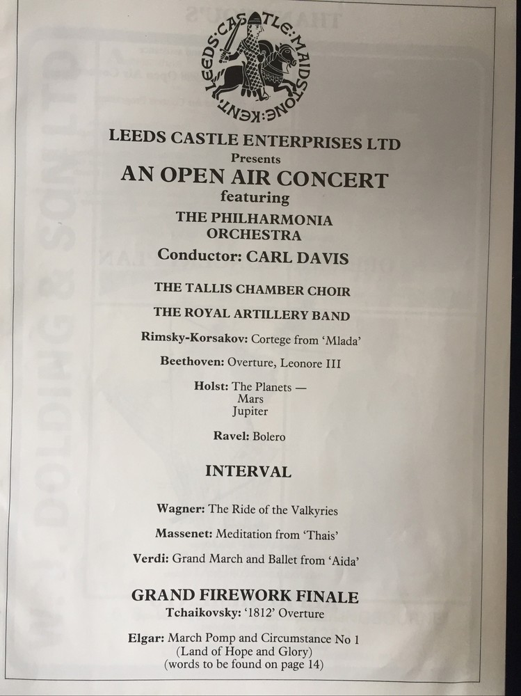 Leeds Castle Open Air Classical Concert Programme, Tickets & article. 1988.