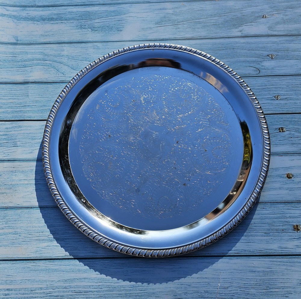 Irvinware Silverplate Serving Tray Etched Design with Rope Rim USA 12"