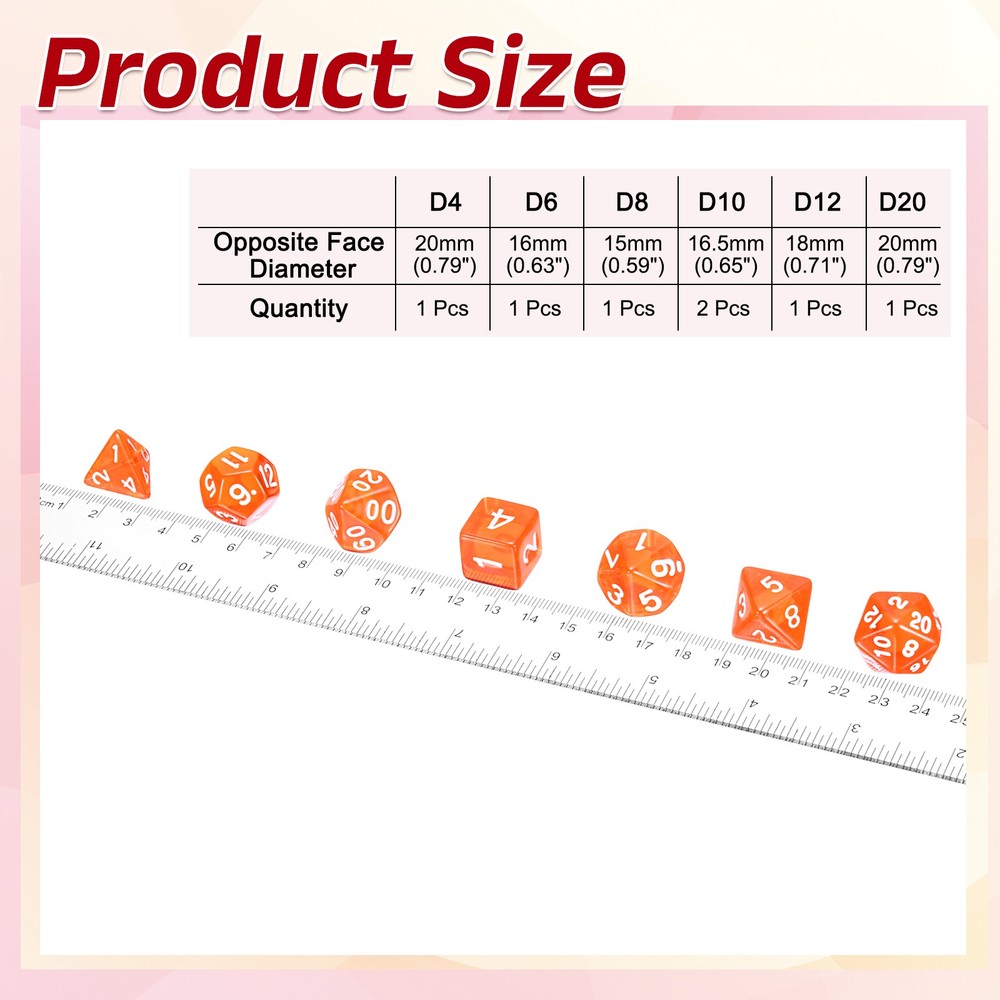 7pcs Polyhedral Dice Set for Role Playing Games, Transparent Orange