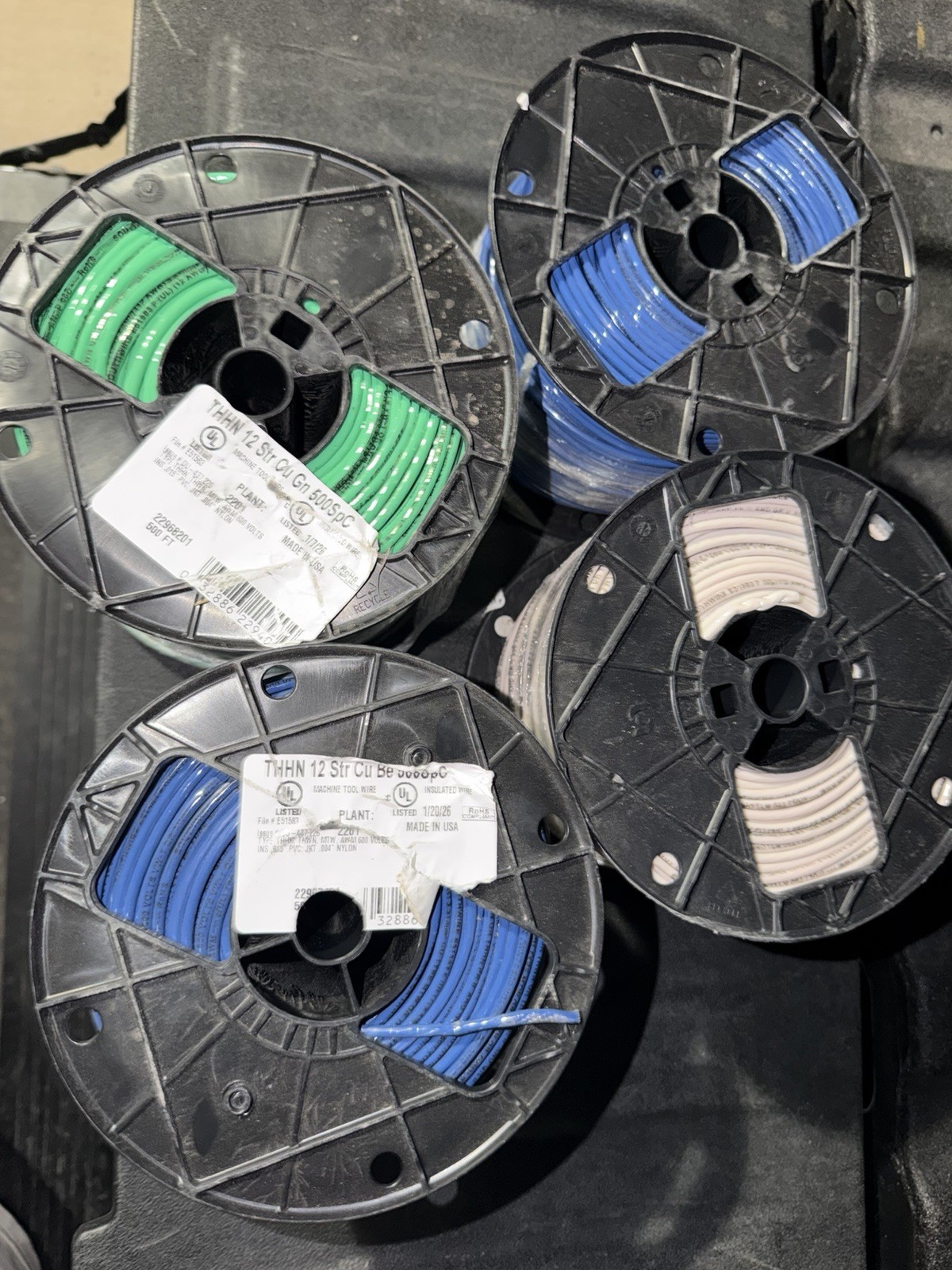 Southwire 12 AWG Stranded Copper Wire, 500 ft, 2 Blue/Green/White LOT OF 4 ROLLS