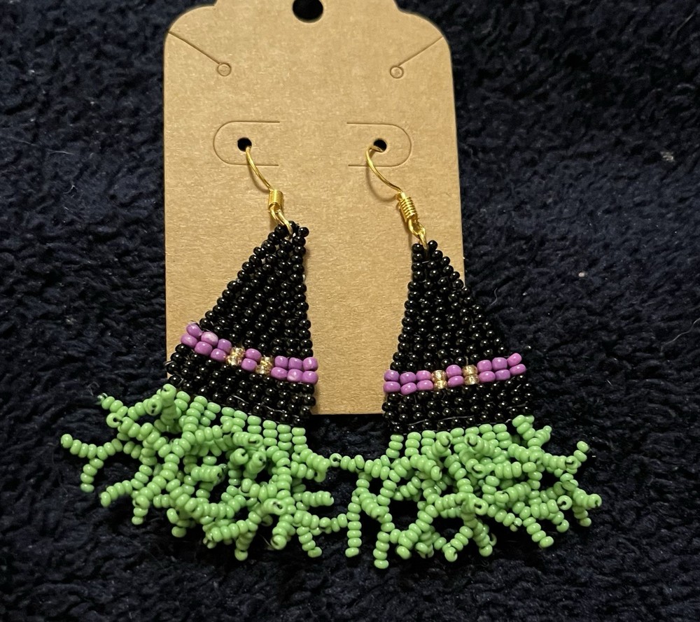Handmade, Seed Bead, “Witch’s Hat”, Halloween Earrings