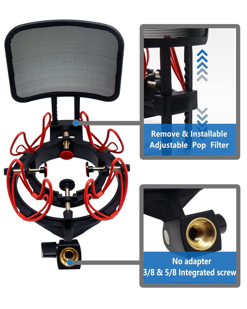 Microphone Shock Mount with Pop Filter Universal Shock Stand for Microphones ...