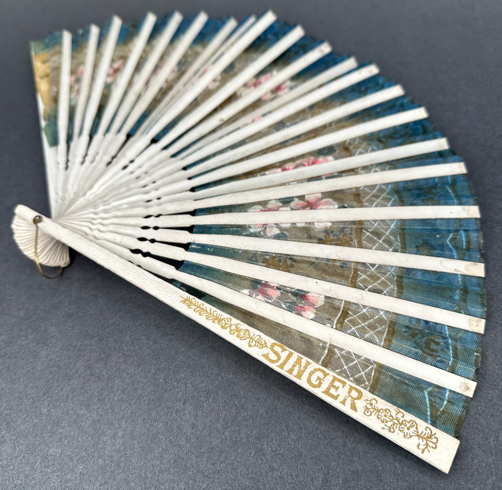 Singer Sewing Advertising Fan Antique Hand Painted Washi Japan 1921-1930