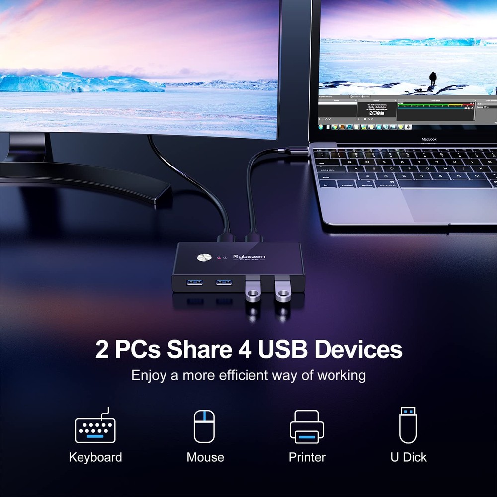 USB 3.0 Switch 2 Computers Share 4 USB Keyboard Mouse Printer Scanner