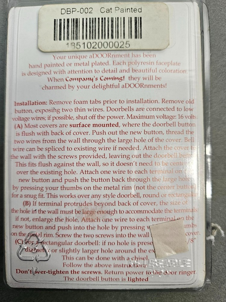 Surface Mount Push Button Doorbell Faceplate Handpainted Polyresin Lighted