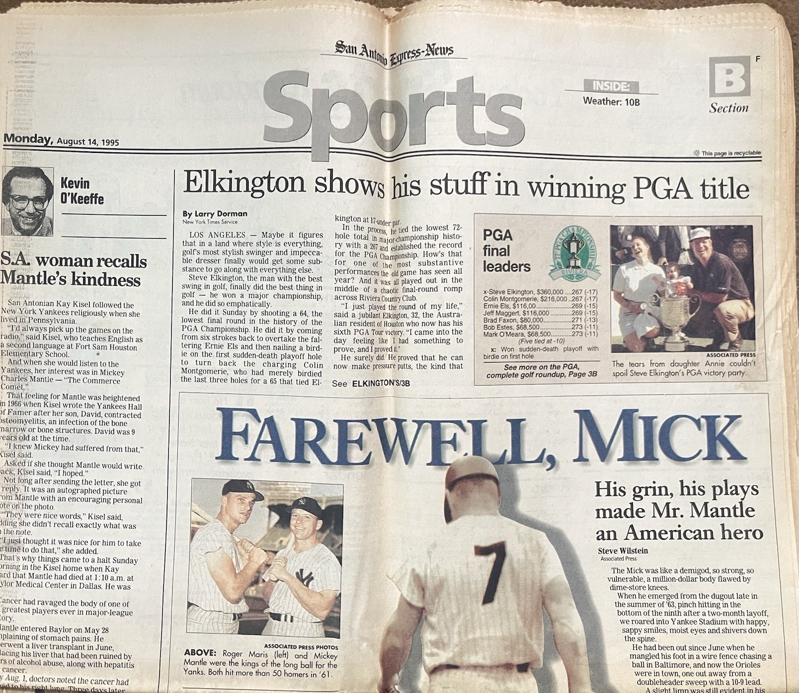Vintage newspapers Mickey Mantle’s Death San Antonio Express Aug 14 & 16, 1995