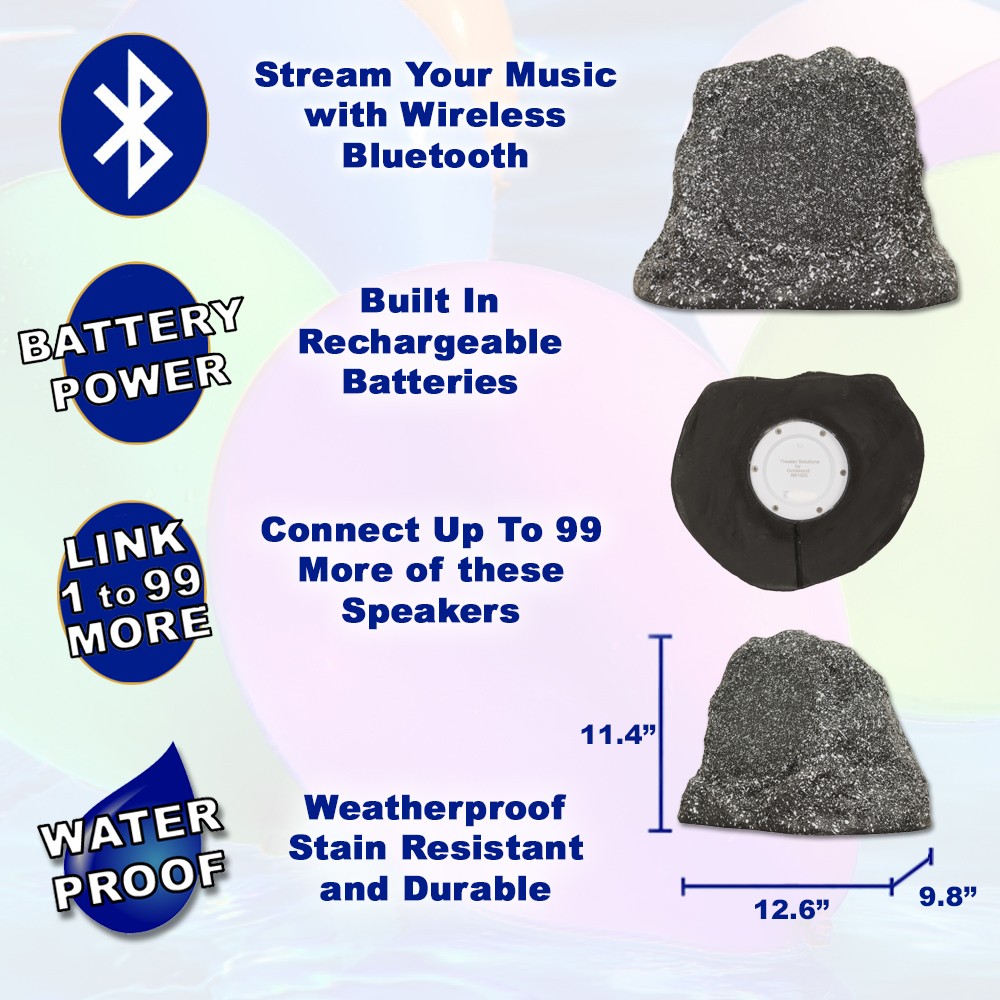 Theater Solutions Wireless 200W Rechargeable Bluetooth Rock Speaker Pair Grey