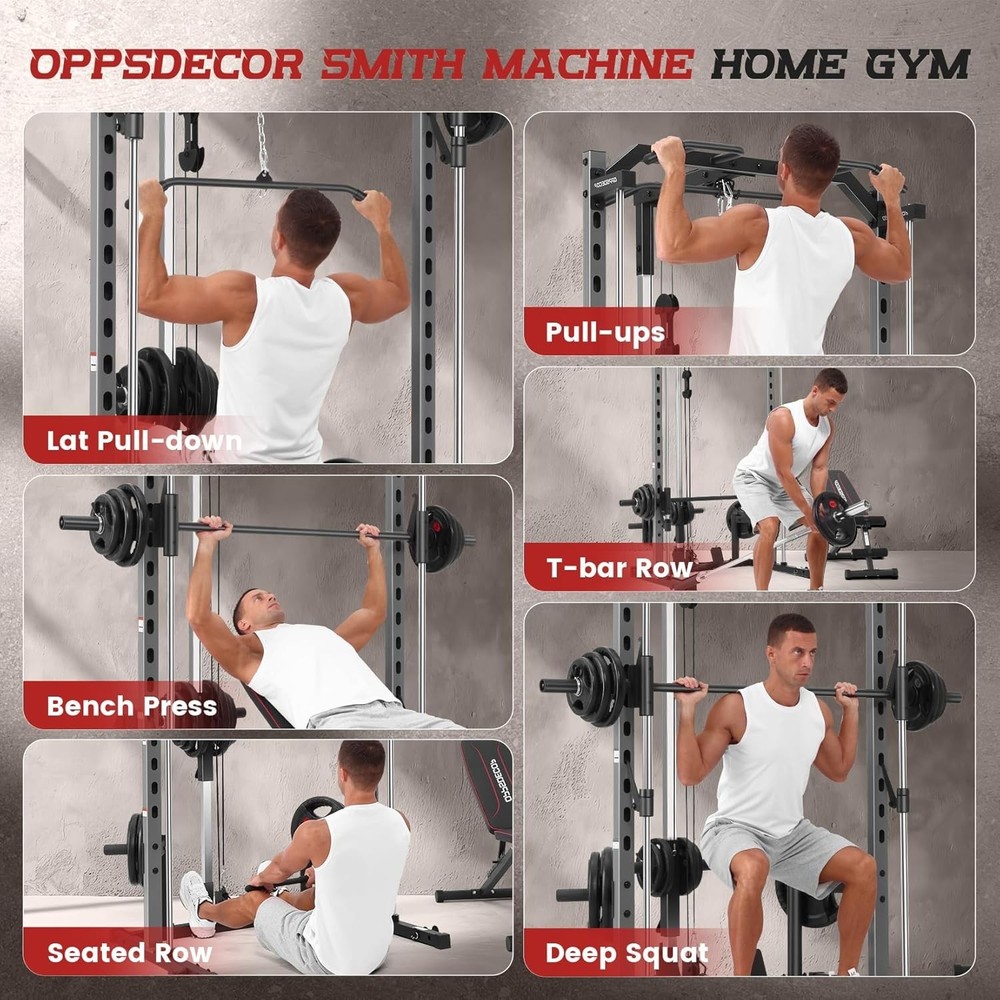 All-in-One Smith Machine Power Cage Power Rack with LAT-Pull Down System Home Gy