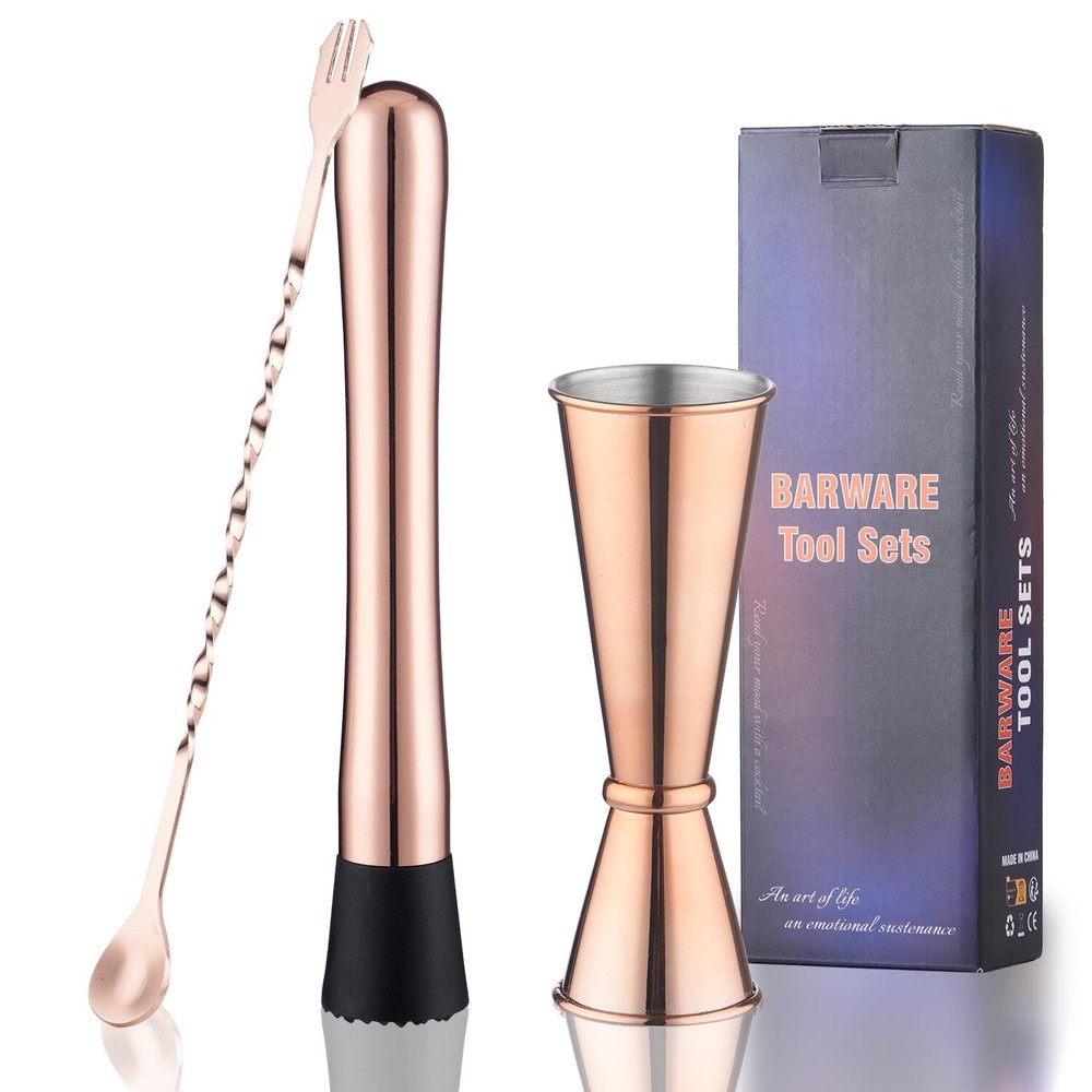 3pcs Rosegold Muddler Set Cocktail Muddler Jigger Bar Spoon Bartender Tools