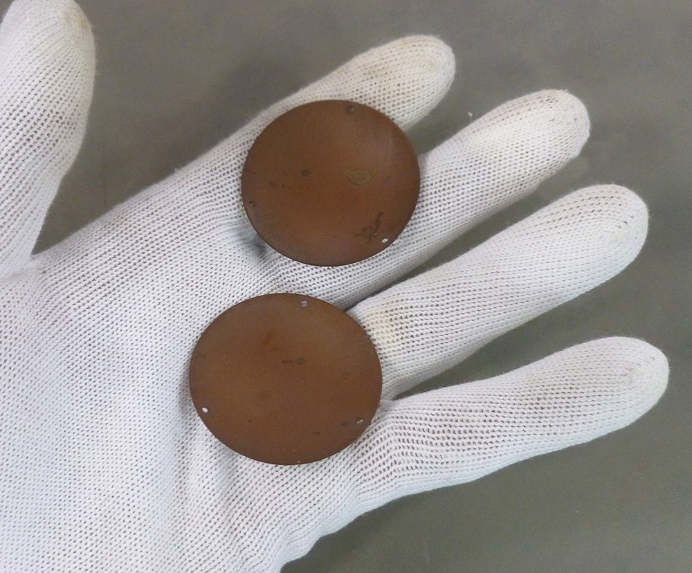 TWO COPPER SCALE PANS antique COIN BALANCE type THREE CORD concave SMALL
