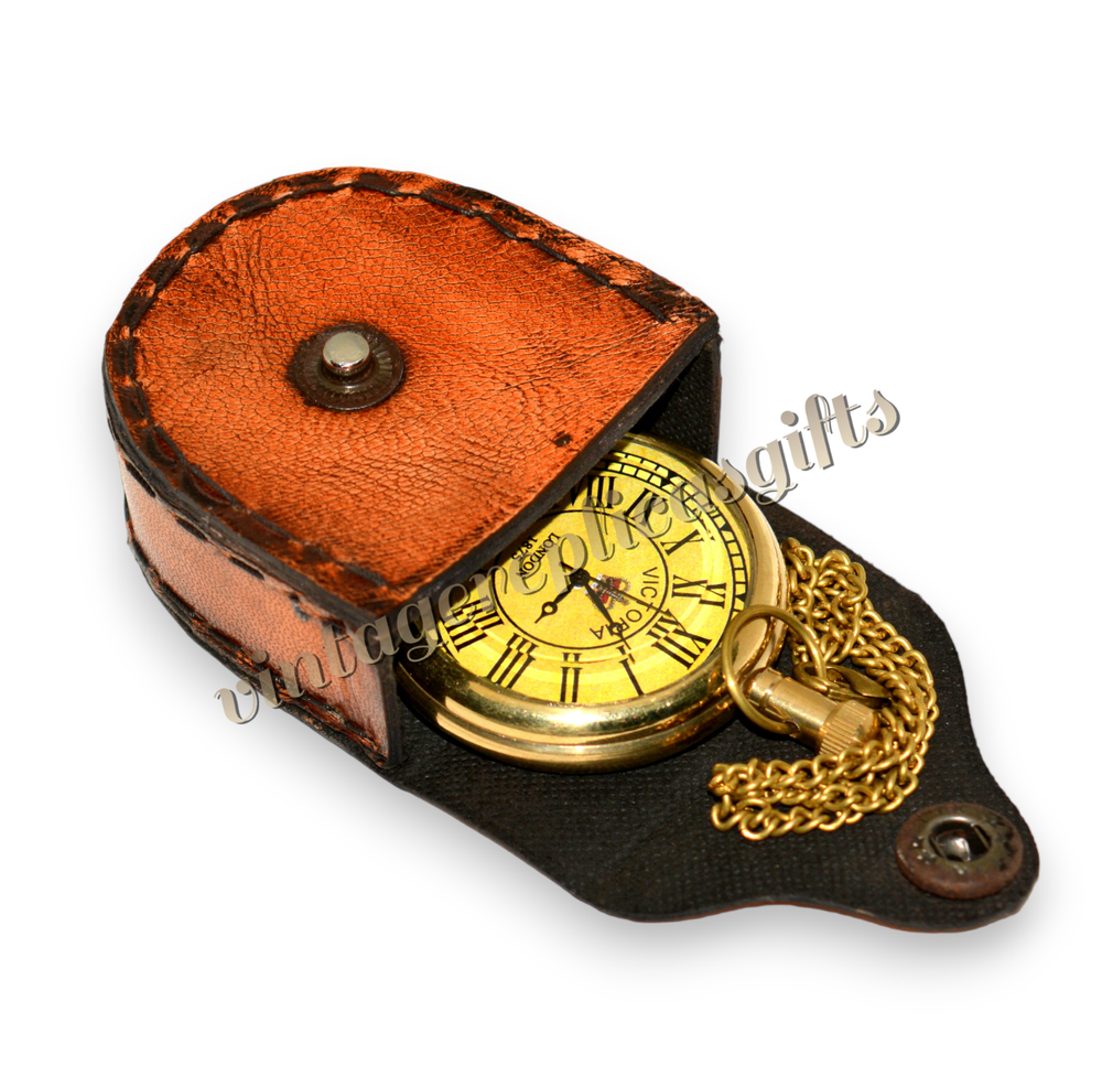 Vintage Brass Pocket Watch with Chain & case Classic Timepiece, Fully Functional