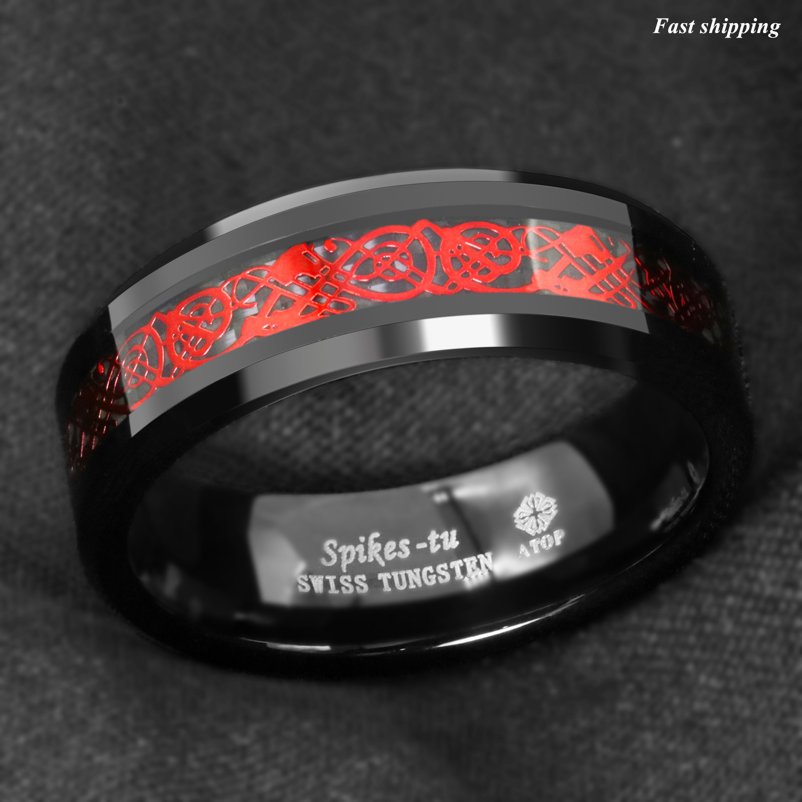 8/6mm Black Tungsten Ring Red Celtic Dragon Black carbon fiber Ring ATOP Jewelry
