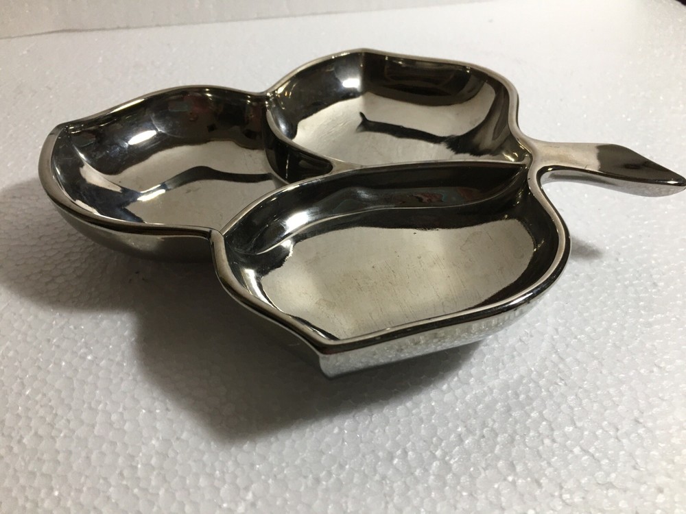 MAPLE LEAF Translucent Silver GLASS DIVIDED SERVING Nuts Candy Relish Pin DISH