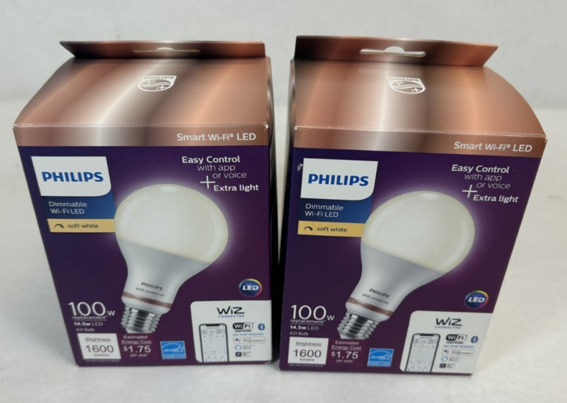 Lot of 2 - Philips Wiz Smart WiFi Light Bulb 100W Equivalent A21 LED Soft White