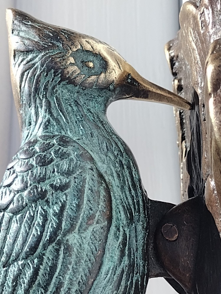 🚪✊VINTAGE SOLID BRASS bird DOOR KNOCKER PULL CHAIN sparrow WOODPECKER bell ring