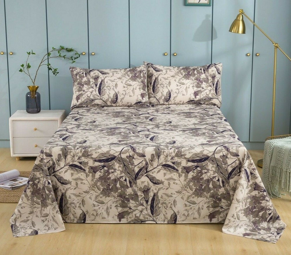 Tache Microfiber Abstract Wispy Leaf Taupe Grey Print Pattern Flat Sheet only