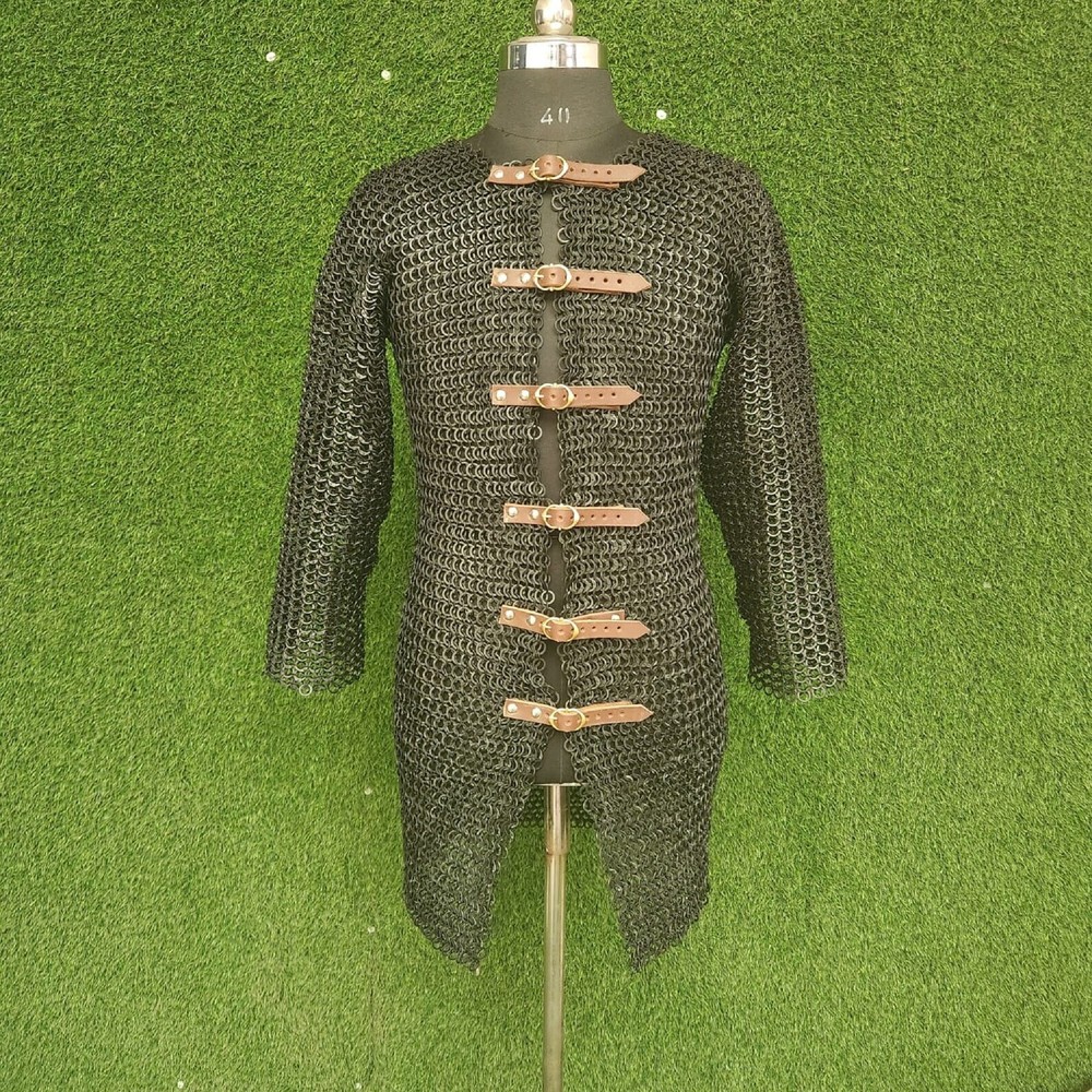 9mm Chainmail Shirt – Flat Riveted with Solid Rings, Black Haubergeon