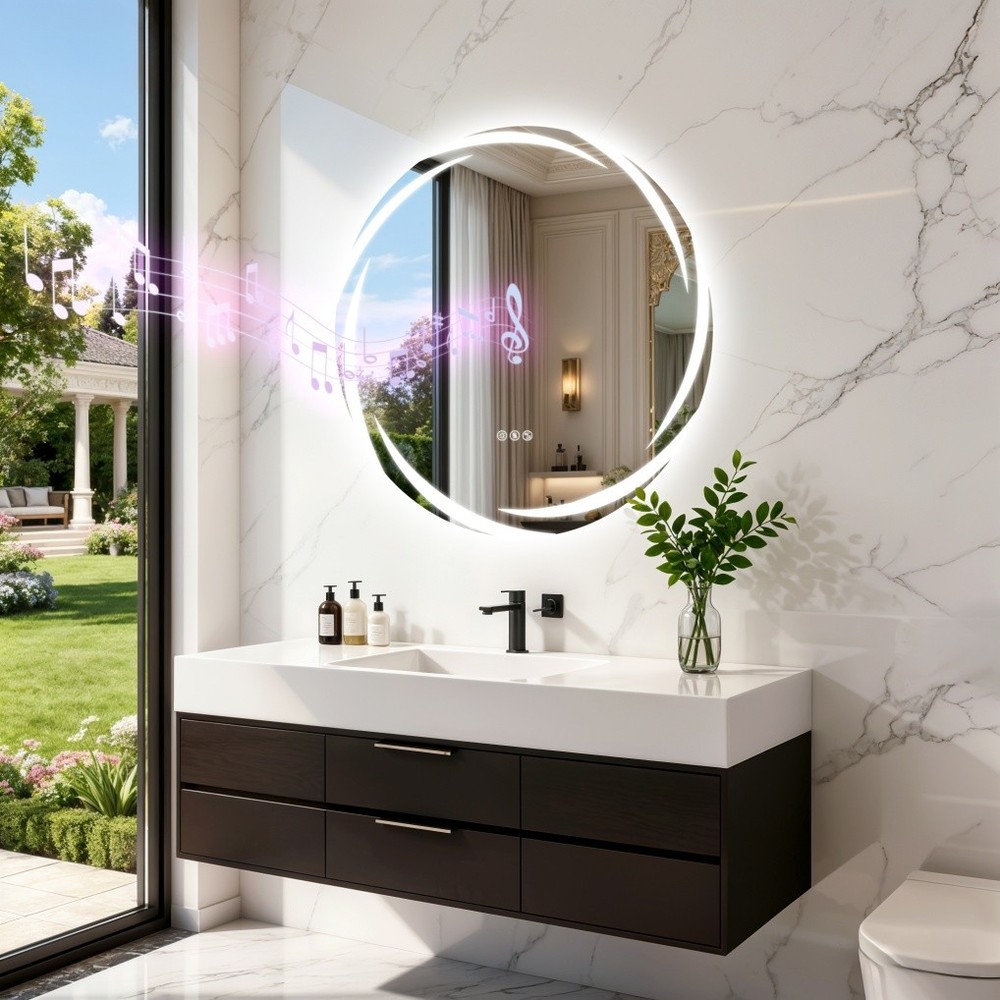 32" Smart LED Bathroom Mirror Wall-Mounted with Bluetooth Speaker Dimmable Round