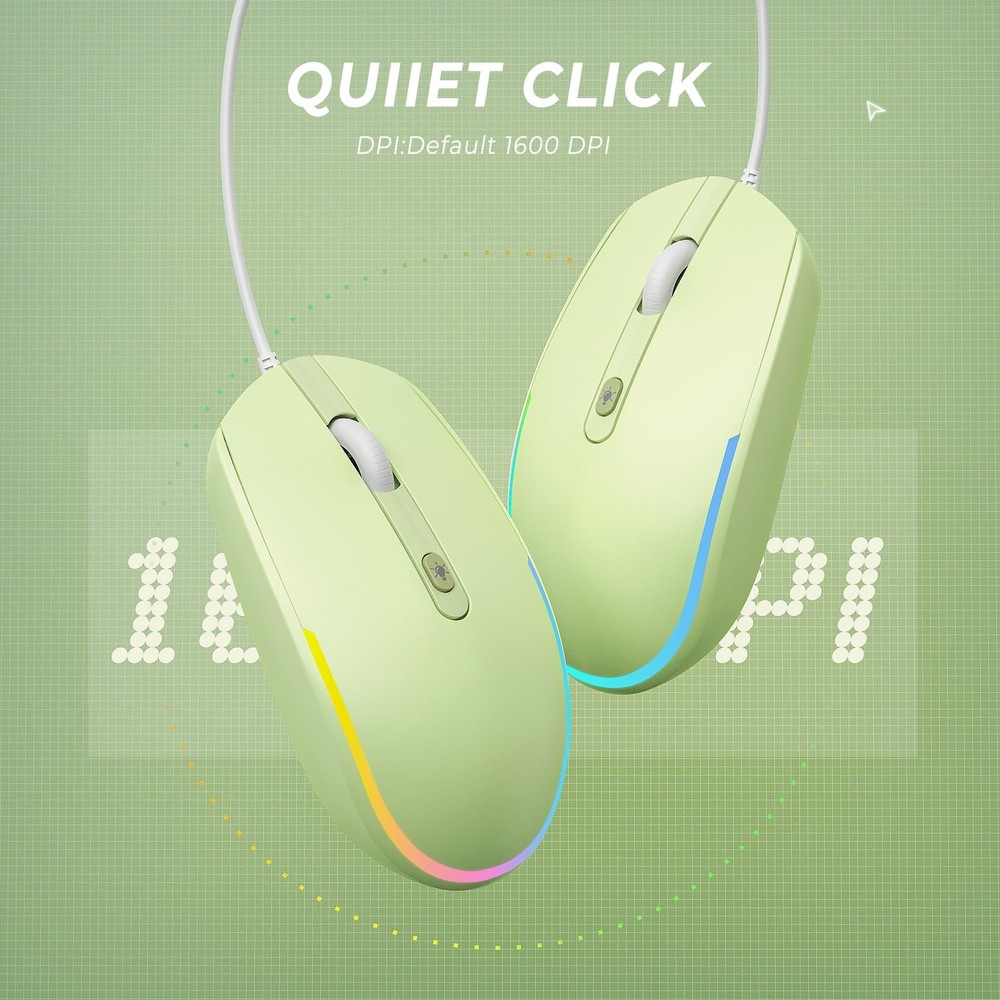 Wired Mouse with RGB Backlit USB Computer Mice Attached Cord Green