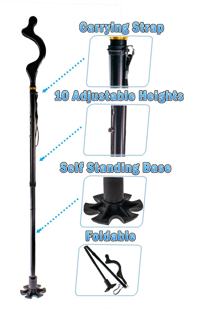 Posture Correction Walking Stick Cane - Self Standing Adjustable Height Foldable