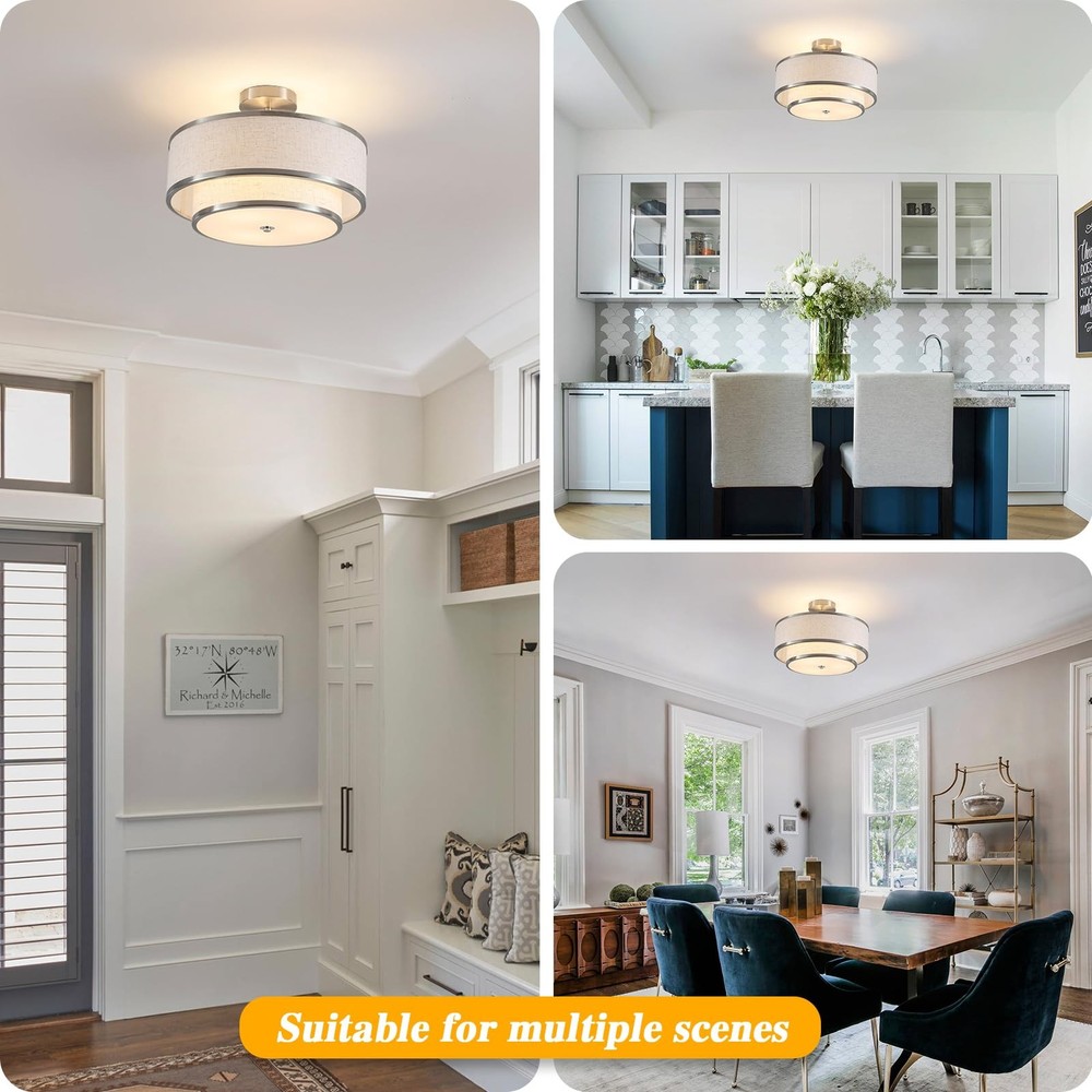 Semi Flush Mount Ceiling Light, 3-Light Double Drum Ceiling Light Fixture wit...