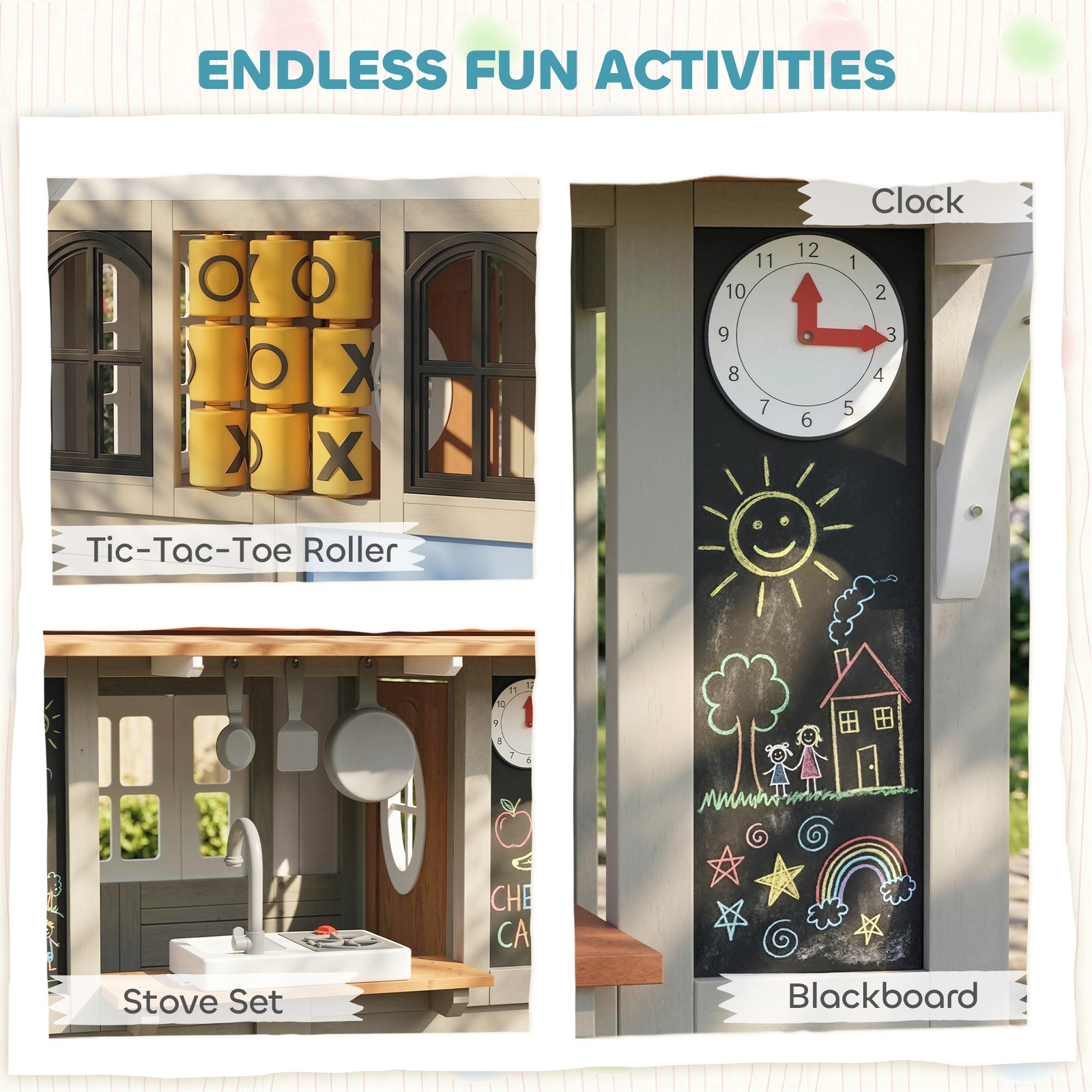 Qaba Outdoor Wooden Playhouse with Dog Door, Cookware, Blackboard, Clock