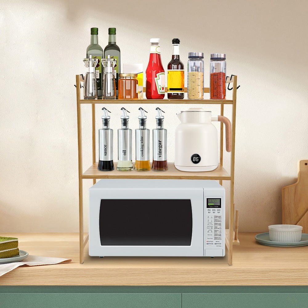 2-Tier Bamboo Kitchen Storage Rack with Hooks and Adjustable Shelves