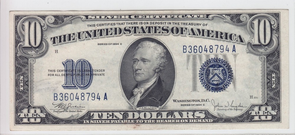 1934C $10 Silver Certificate Note FR#1704 B36048794A