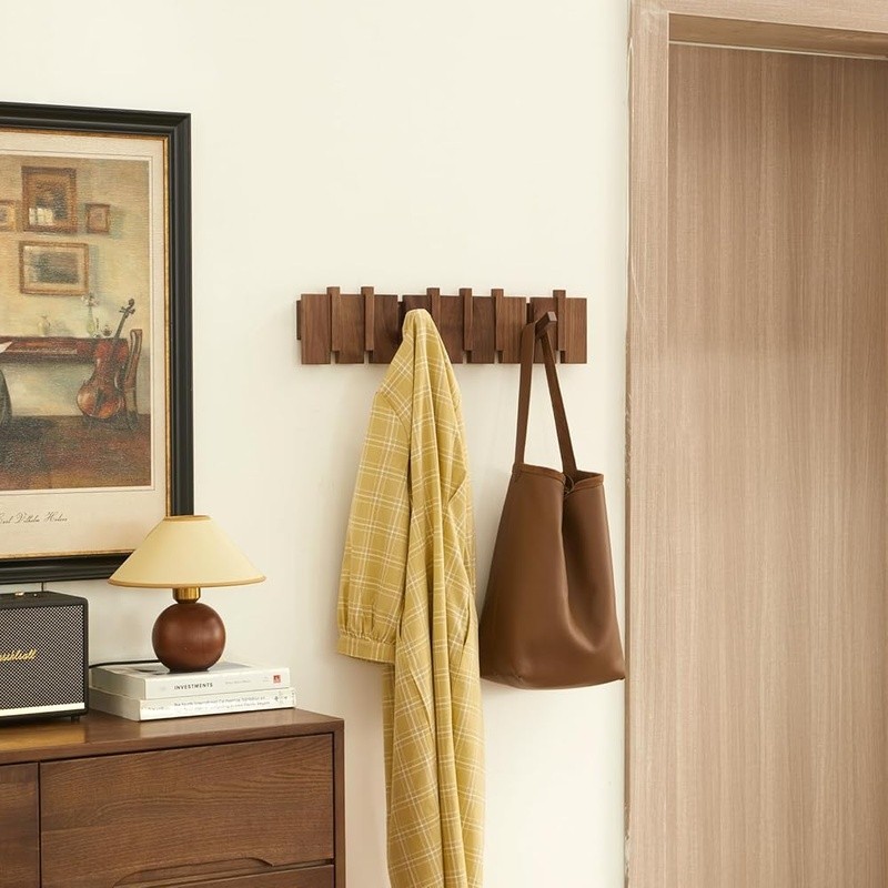 Handmade Wood Coat Rack Wall Mount Solid Walnut Piano Keys Design Space Saving