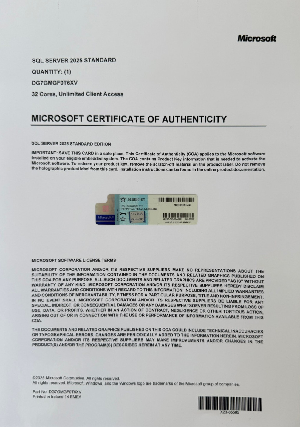 Microsoft SQL Server 2025 Standard 32 Core Unlimited User CALs CoA Authentic