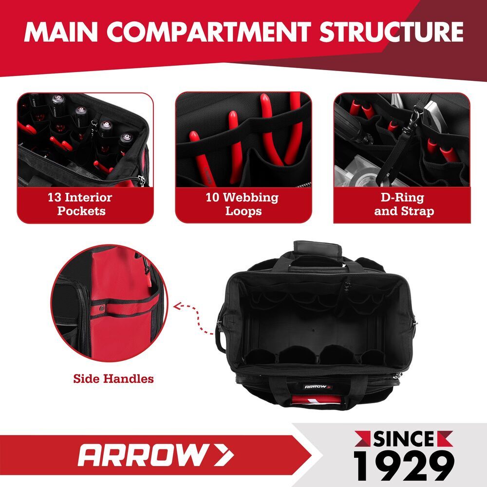 ARROW 17" Large Tool Bag for Men Heavy Duty with Waterproof Hard Base 36 Pockets