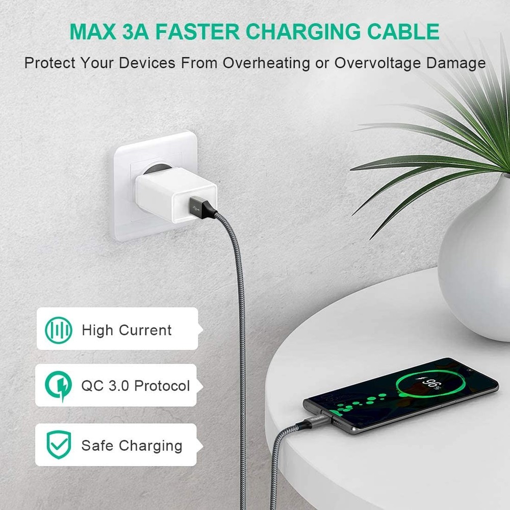 etguuds USB A to C Cable 6.6ft, 2-Pack, 3A Fast Charging Type Gray