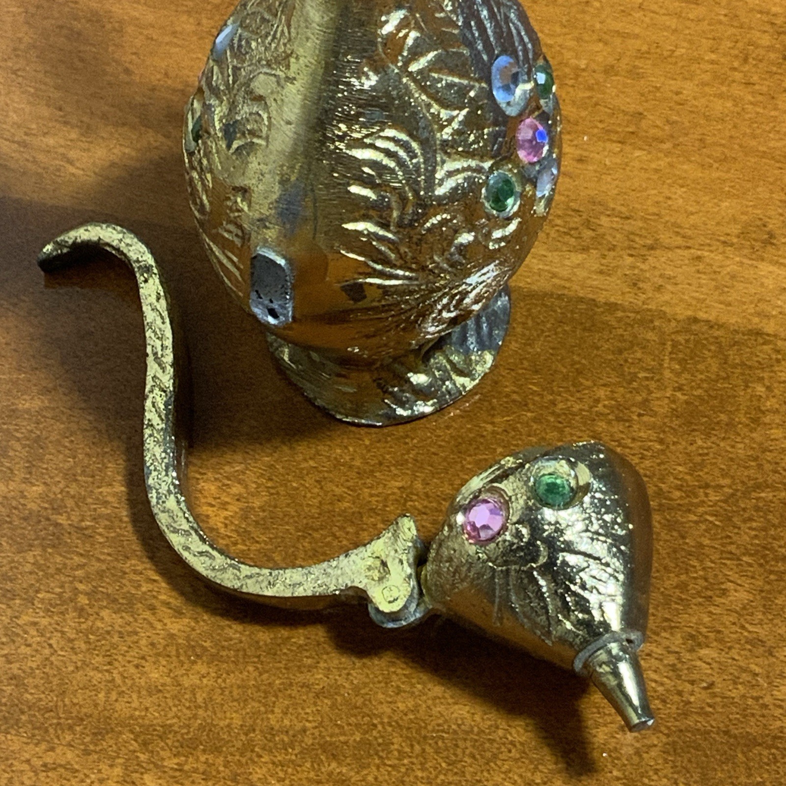 Vintage India Brass Mini Ewer Jeweled Saucer Broken Lid Middle Eastern Decor