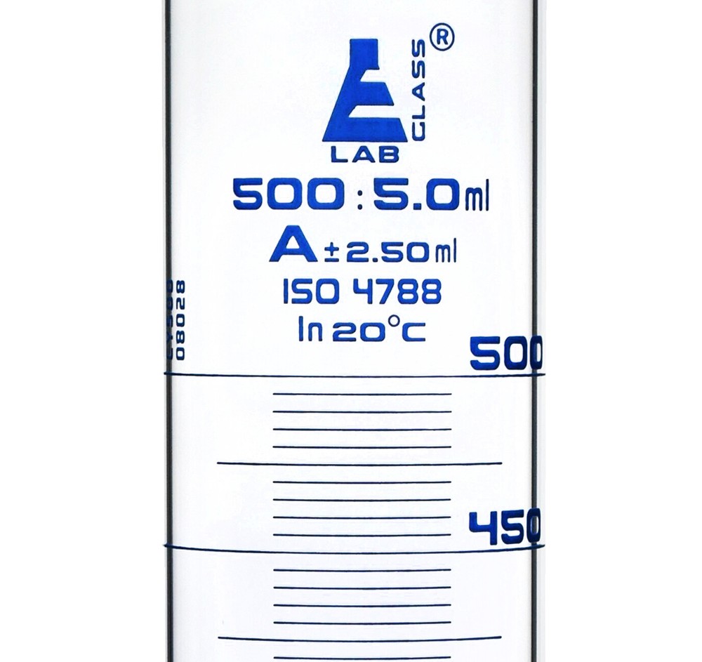 Eisco Labs 500ml Graduated Cylinder, Class A - Blue Graduations, Hexagonal Base