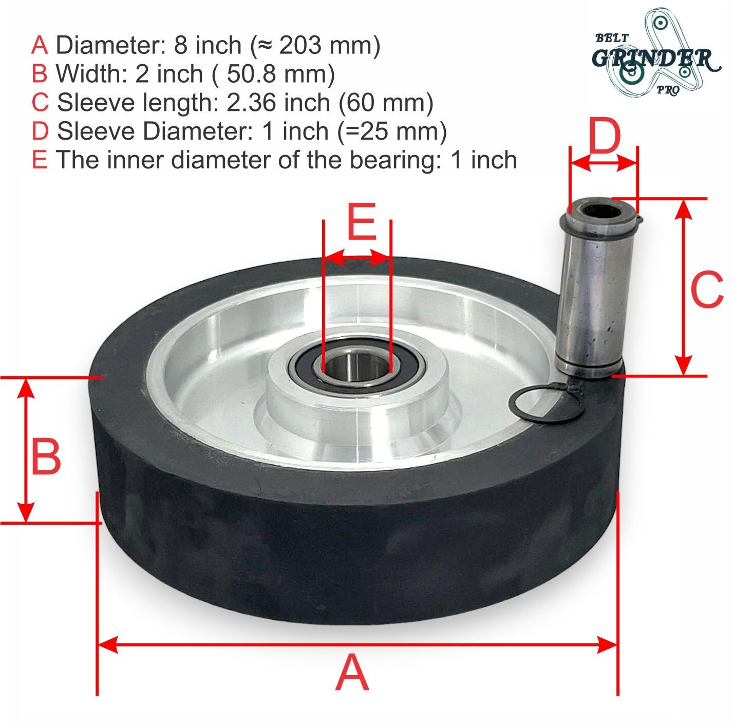 8" Smooth Black Rubber Contact Wheel Dynamic Balance For Belt Grinder