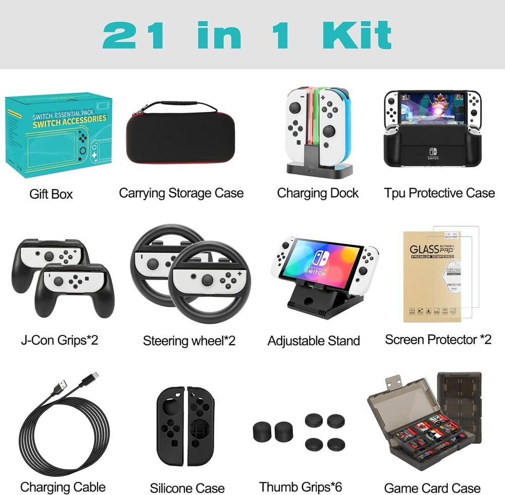 Accessories Kit for Nintendo Switch OLED Games Bundle Carrying Case Screen NEW