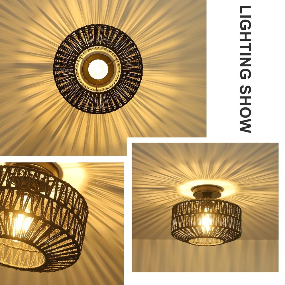 Rattan Light Fixtures Ceiling Mount,Boho Ceiling Light Fixture with Dimmable ...