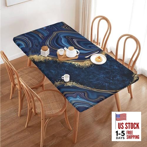 Blue Marble Texture Tablecloth with Elastic Edge for 4ft Rectangle Table,
