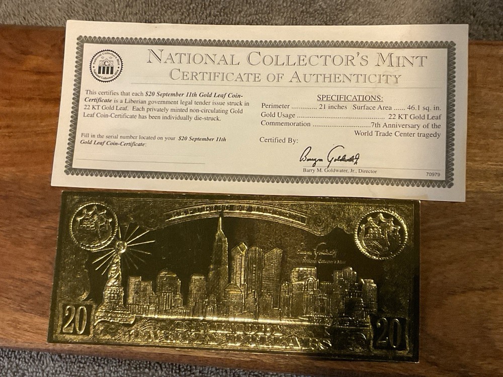 $20 September 11th Silver Leaf Coin-Certificate With COA