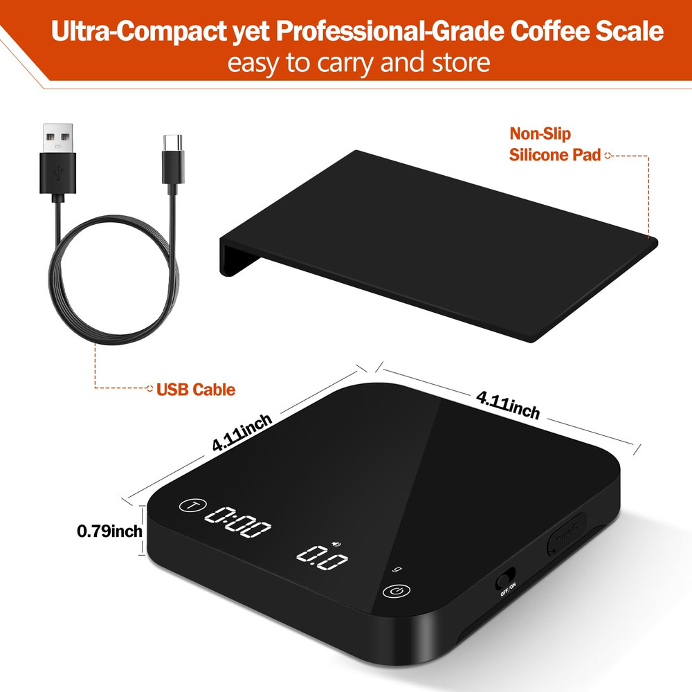 Precision Espresso Scale with Timer, 0.1g-2000g Rechargeable Mini Scale