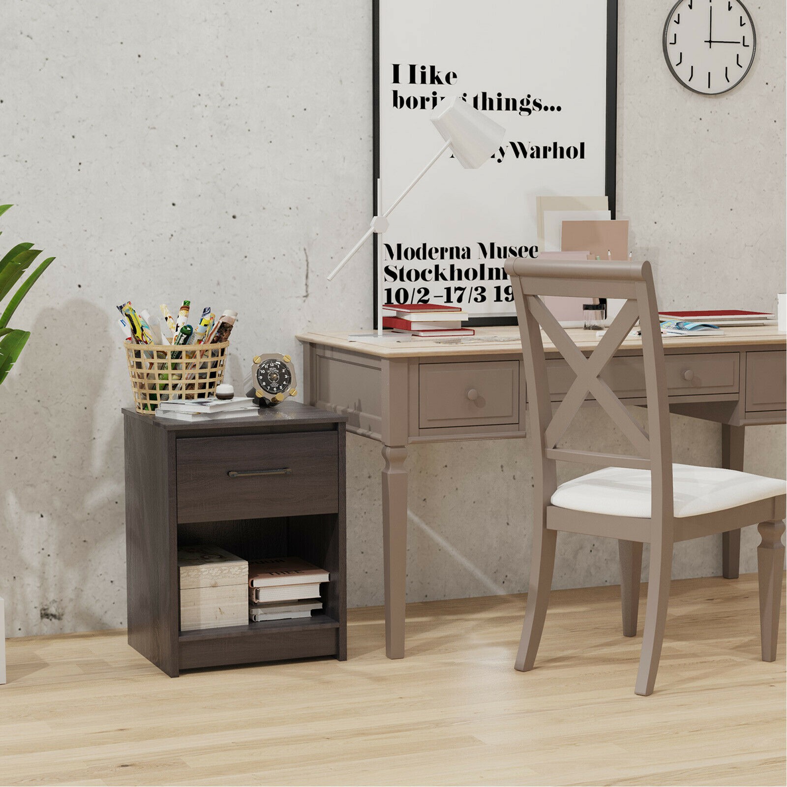 Nightstand with Drawer Storage Shelf Wooden End Side Table Bedroom Black