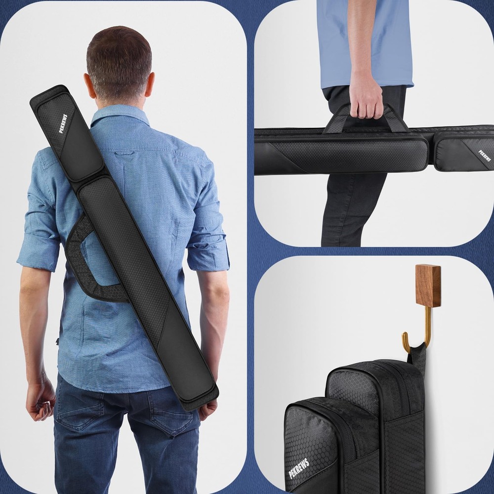Pool Cue Case 2x2 Holds 2 Sticks Polyester Cue Bag w/ Strap & Pockets Durable XL