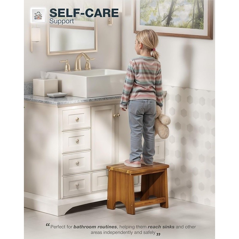 Acacia Wood Step Stool Sturdy Construction Non-Slip Handle Multipurpose Use