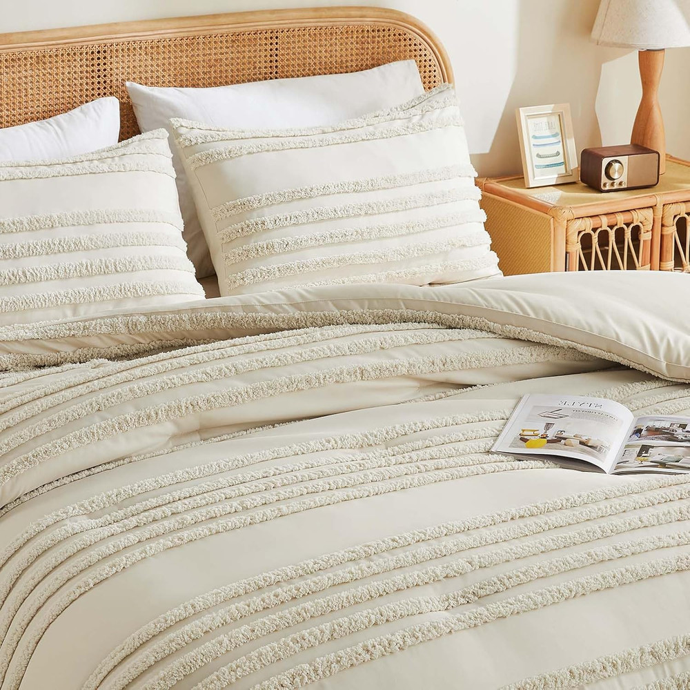 Boho Comforter Set Queen Size, Beige Tufted Boho Bed Set 3 Pieces, Soft & Lightw