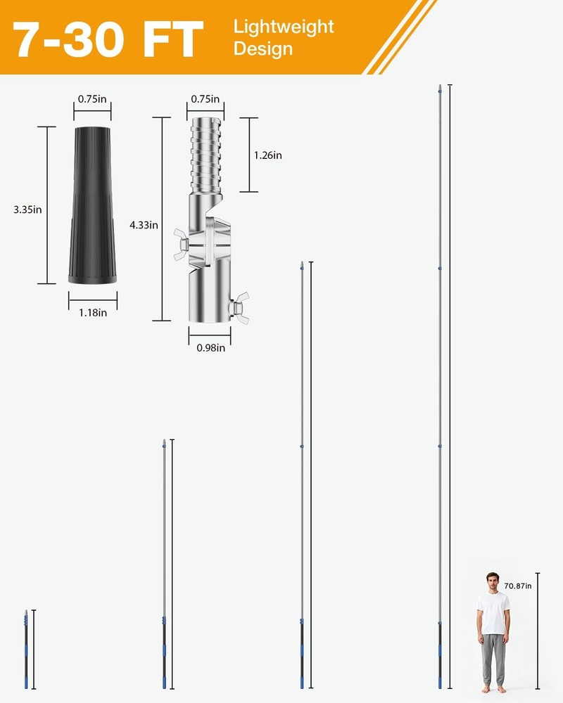 Telescoping Pole, 7-30 Ft with Joint Angle & Squeegee Adaptor, 30 FT, Silver