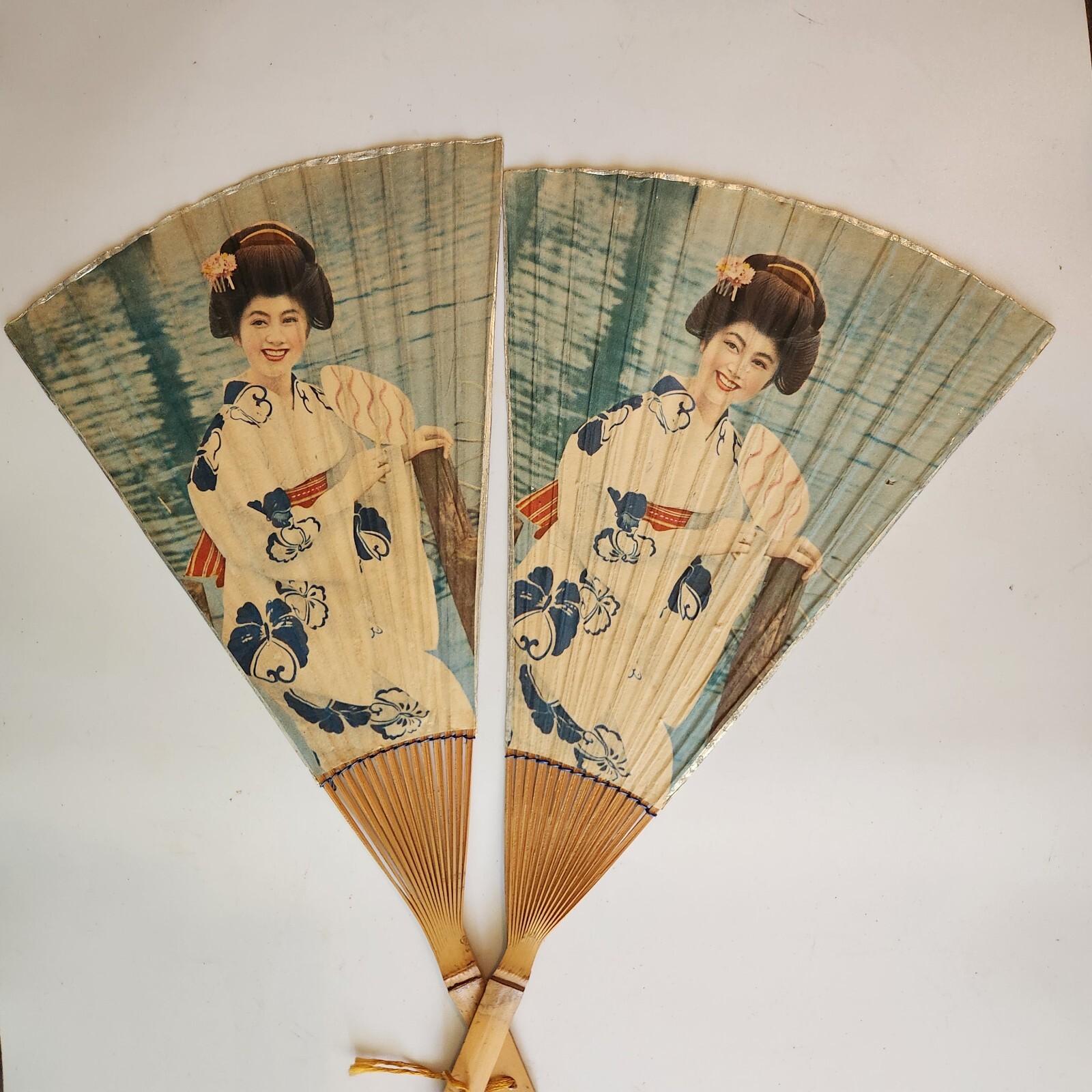 Two Vintage Steaks & Sukiyaki House Rice Paper Hand Fan Japan Smiling Woman