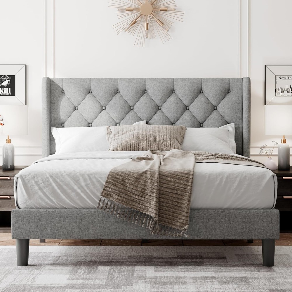 Stylish Full Size Bed Frame with Upholstered Wingback Headboard - Light Gray