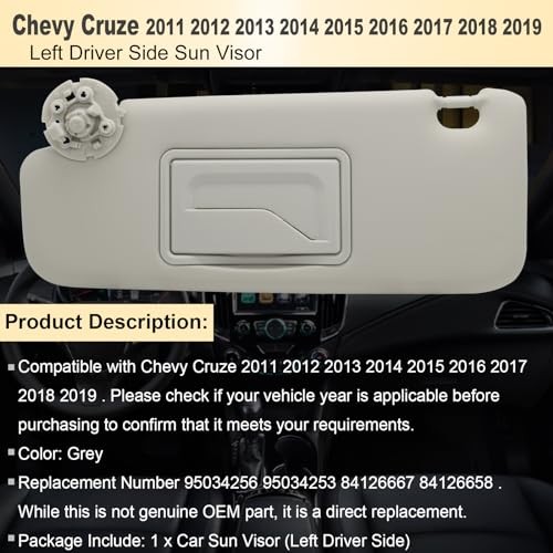 Left Driver Sun Visor Compatible with Chevy Cruze 2011-2019 Sun Left Gray